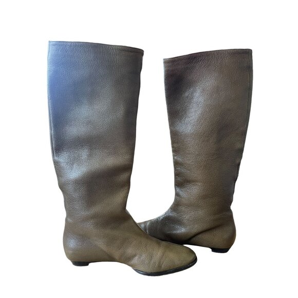 SOLD! Choo Woman's 7.5 Gathered LEATHER Riding Boots Knee High Flat Tall Brown - Picture 6 of 9